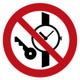 Знак P27 "Запрещается иметь при (на) себе металлические предметы (часы и т.п.)" 20х20см